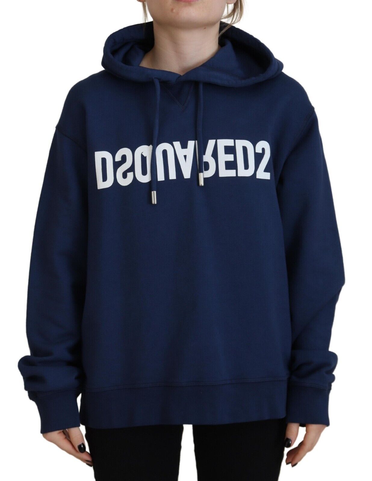 Blue Logo Printed Hooded Women Long Sleeve Sweater