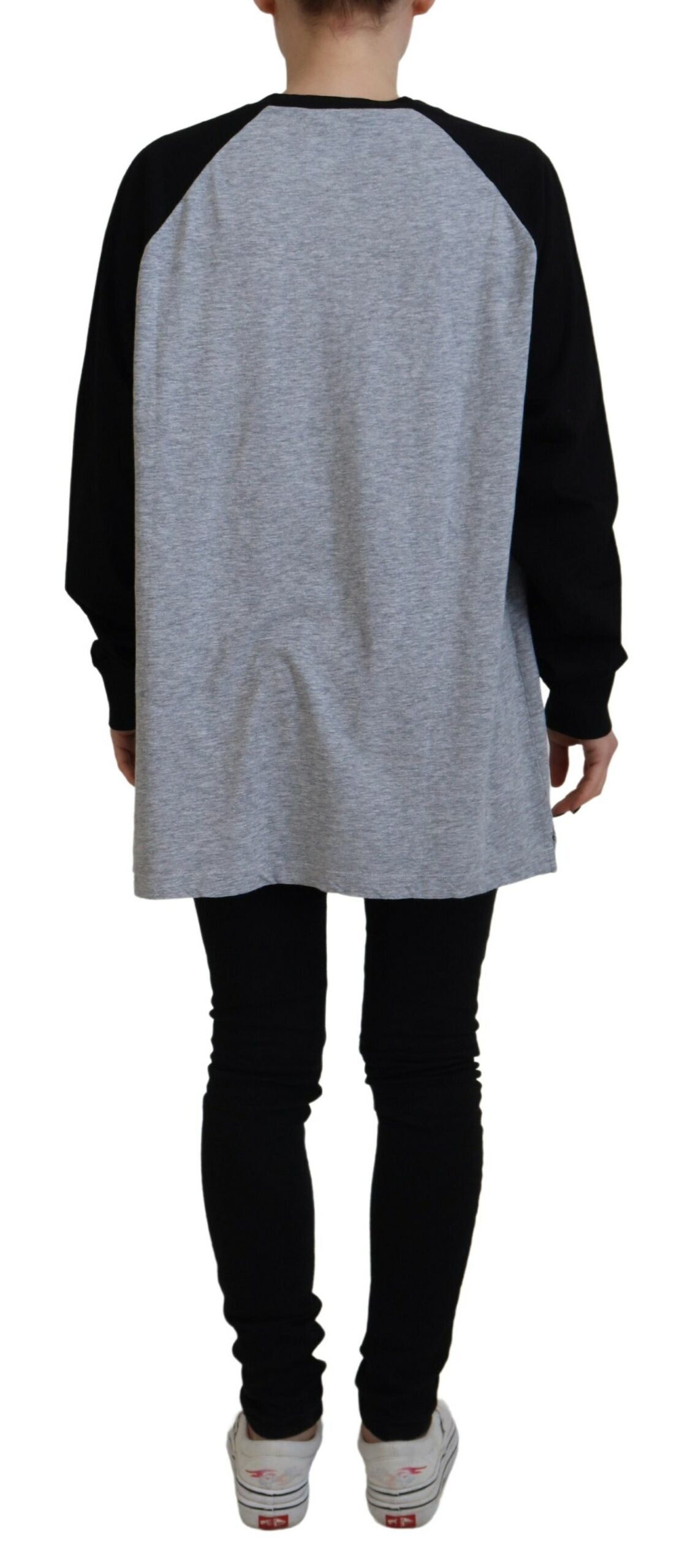 Black Gray Cotton Raglan Long Sleeves Casual Top