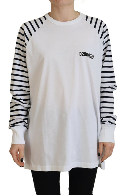 White Cotton Striped Crew Neck Short Sleeve Sweater