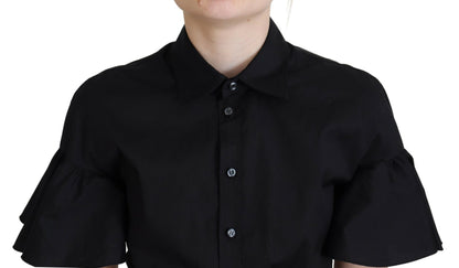 Black Collared Button Down Short Sleeve Cropped Top