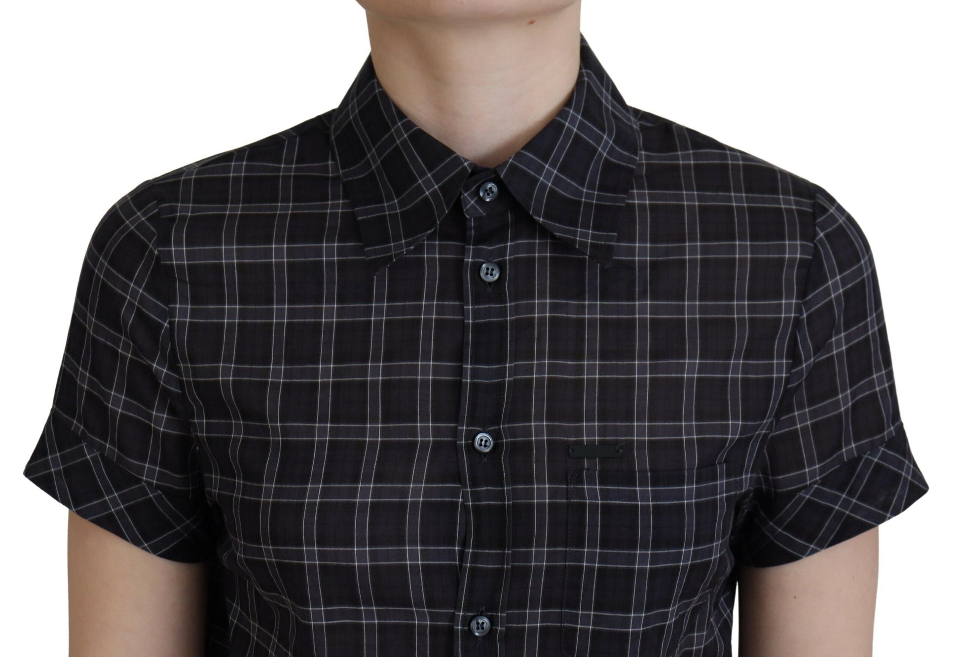 Black Checkered Collared Button Short Sleeves Top