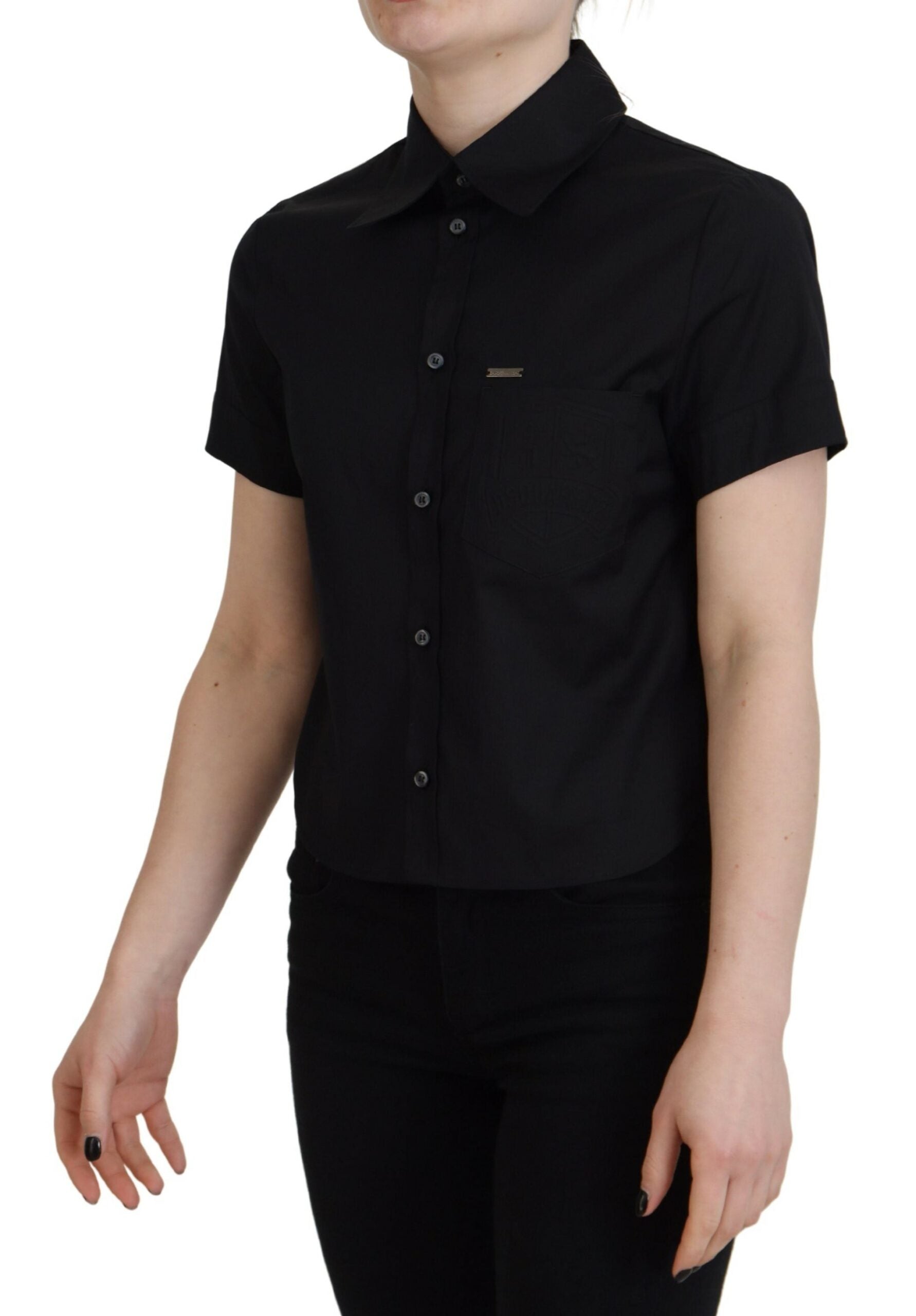 Black Collared Button Down Short Sleeves Polo Top