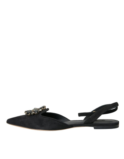 Black Leather Crystal Slingback Sandals Shoes