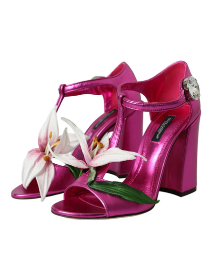 Pink Leather Crystals Floral Sandals Shoes