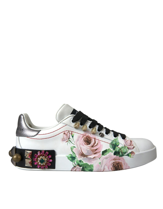 White Leather Crystal Roses Floral Sneakers Shoes