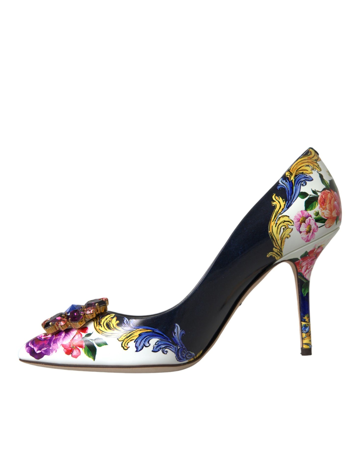 Multicolor Floral Leather Crystal Heels Pumps Shoes