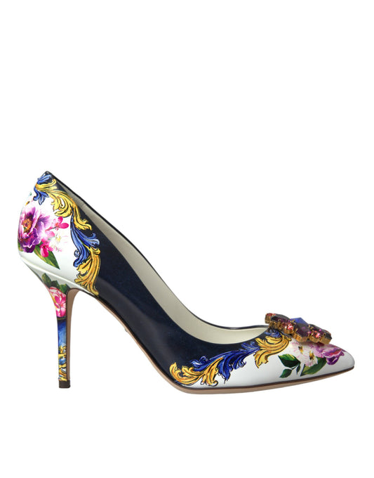 Multicolor Floral Leather Crystal Heels Pumps Shoes