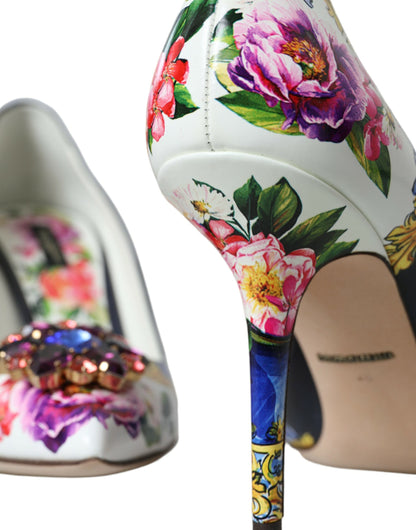 Multicolor Floral Leather Crystal Heels Pumps Shoes