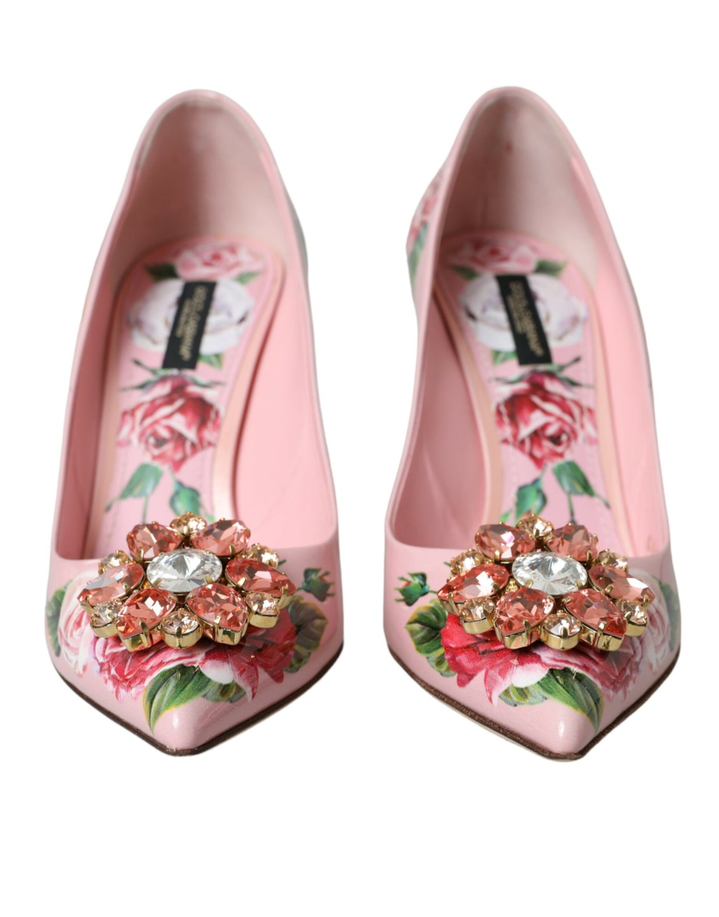 Pink Floral Leather Crystal Heels Pumps Shoes