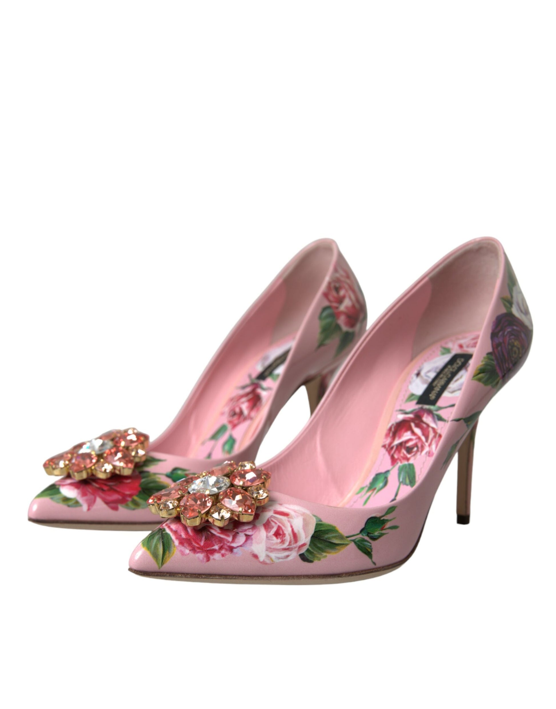 Pink Floral Leather Crystal Heels Pumps Shoes