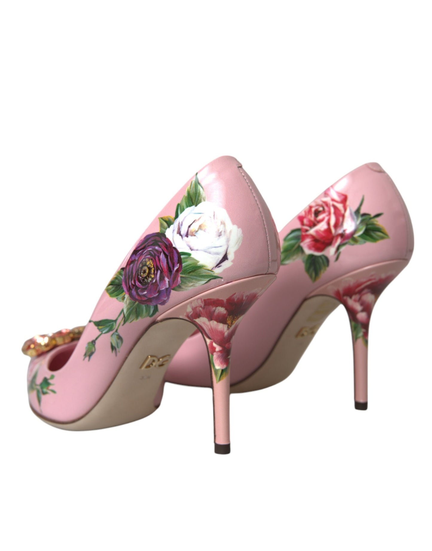 Pink Floral Leather Crystal Heels Pumps Shoes