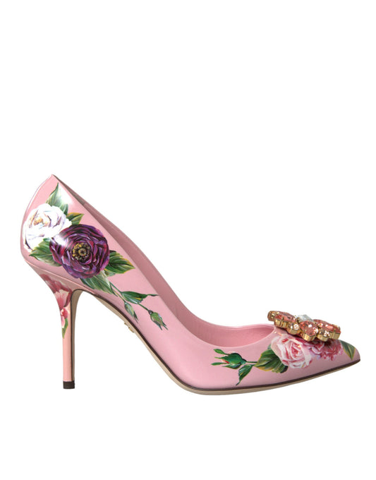 Pink Floral Leather Crystal Heels Pumps Shoes