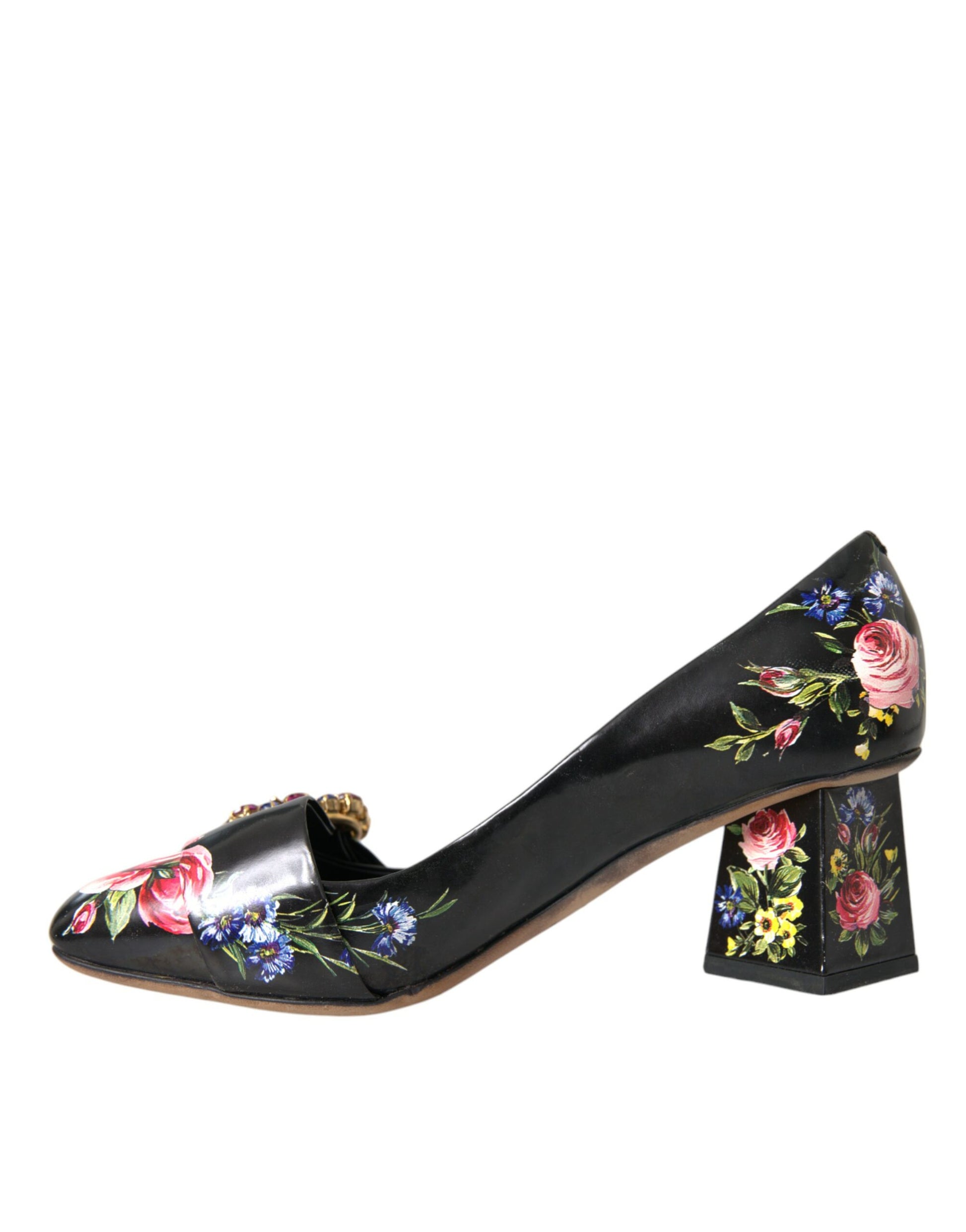 Black Floral Crystals Leather Pumps Shoes