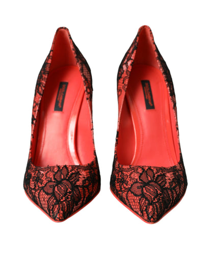 Orange Black Lace Leather Heels Pumps Shoes