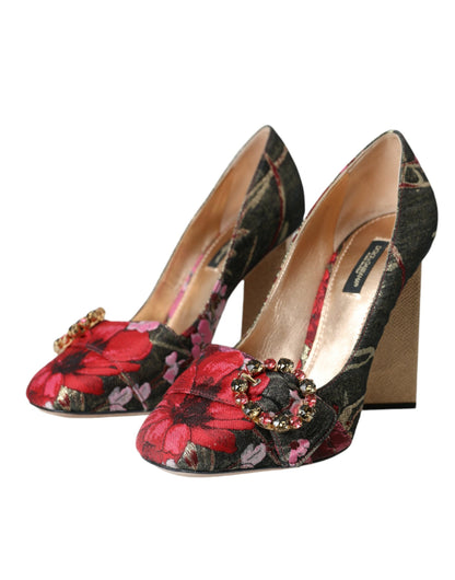 Multicolor Floral Jacquard Crystal Heels Pumps Shoes