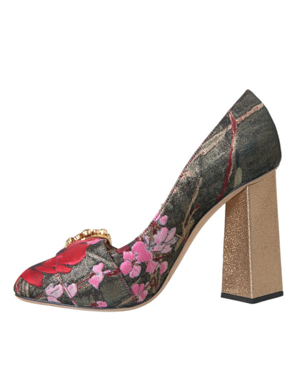 Multicolor Floral Jacquard Crystal Heels Pumps Shoes