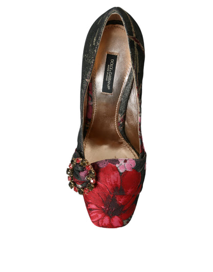 Multicolor Floral Jacquard Crystal Heels Pumps Shoes