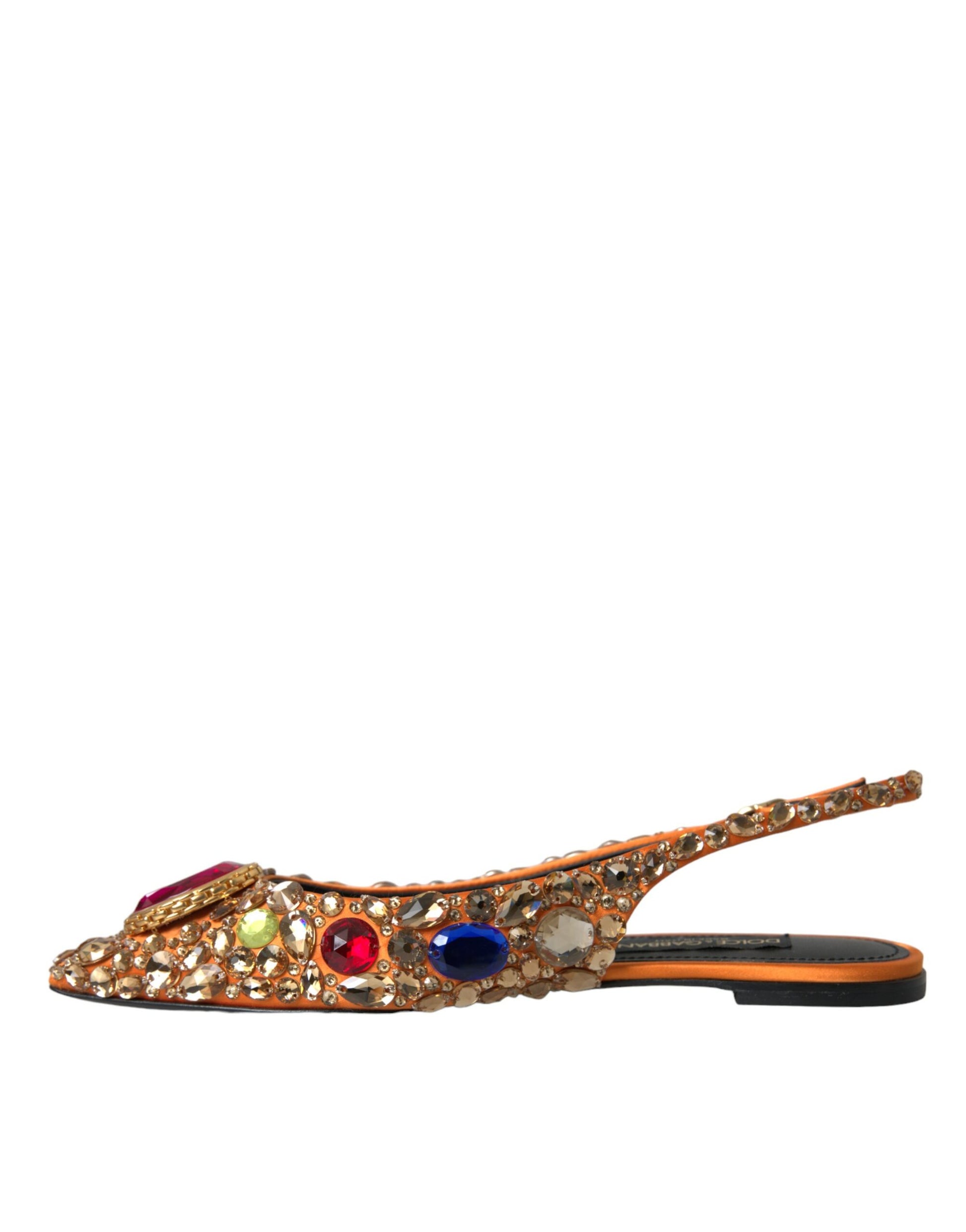 Orange Satin Crystals Flats Sandals Shoes