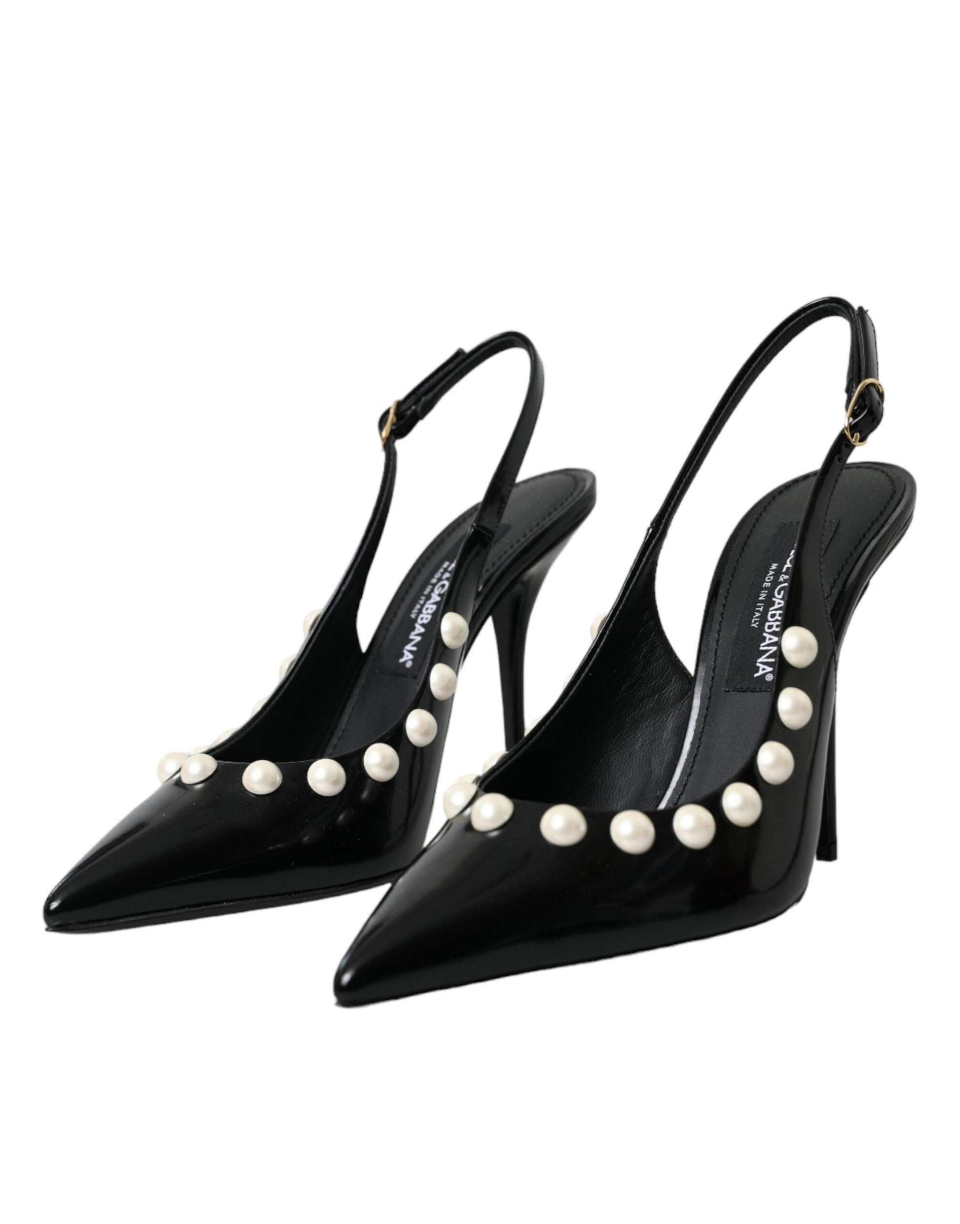 Black Leather Faux Pearl Heel Slingback Shoes