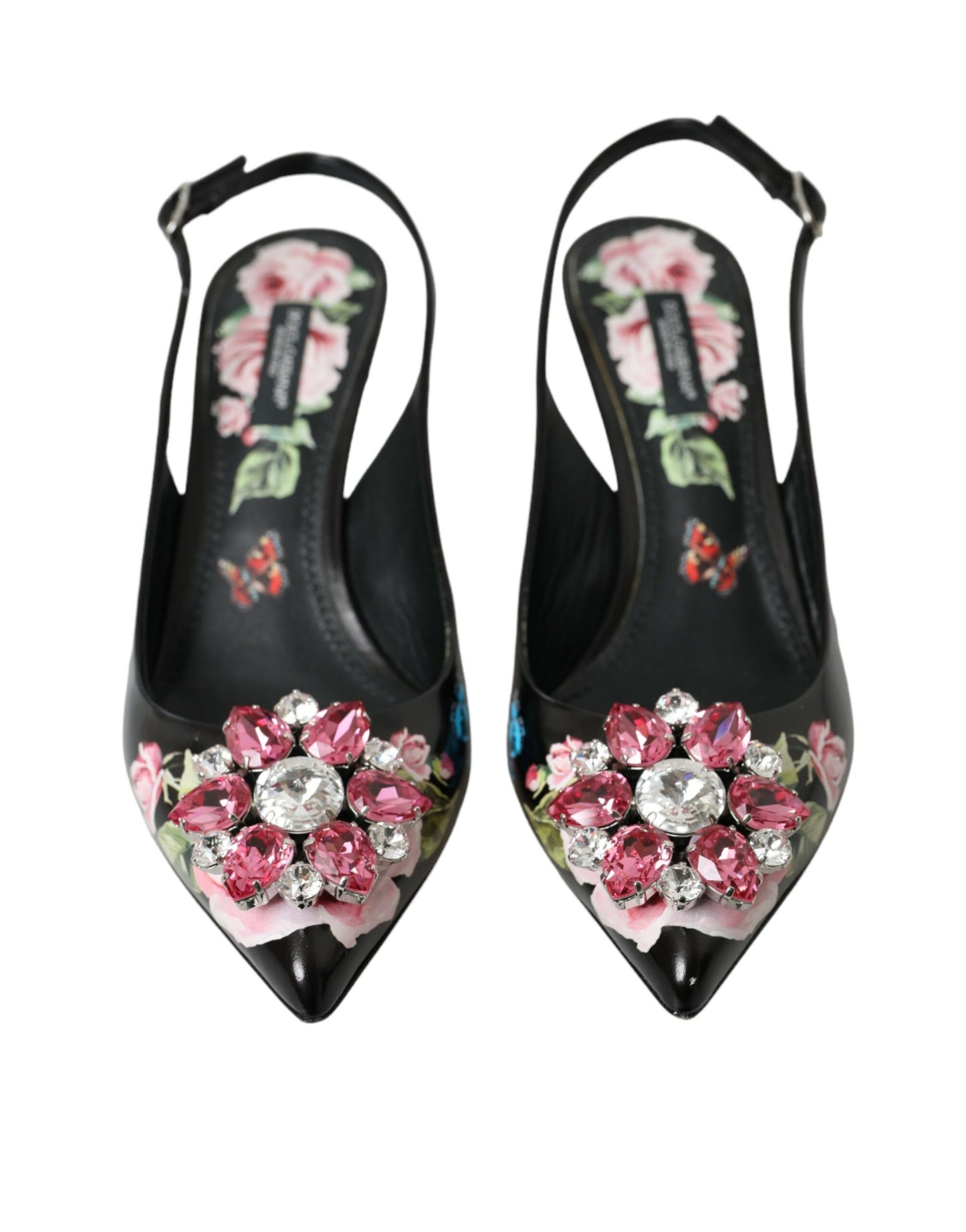 Black Roses Crystal Heels Slingback Shoes