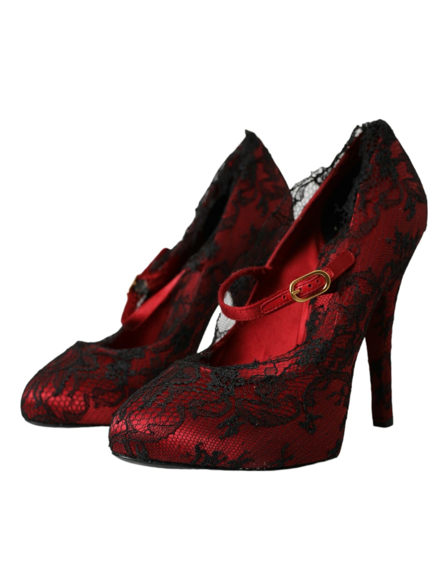 Red Black Floral Lace Mary Jane Pumps Shoes