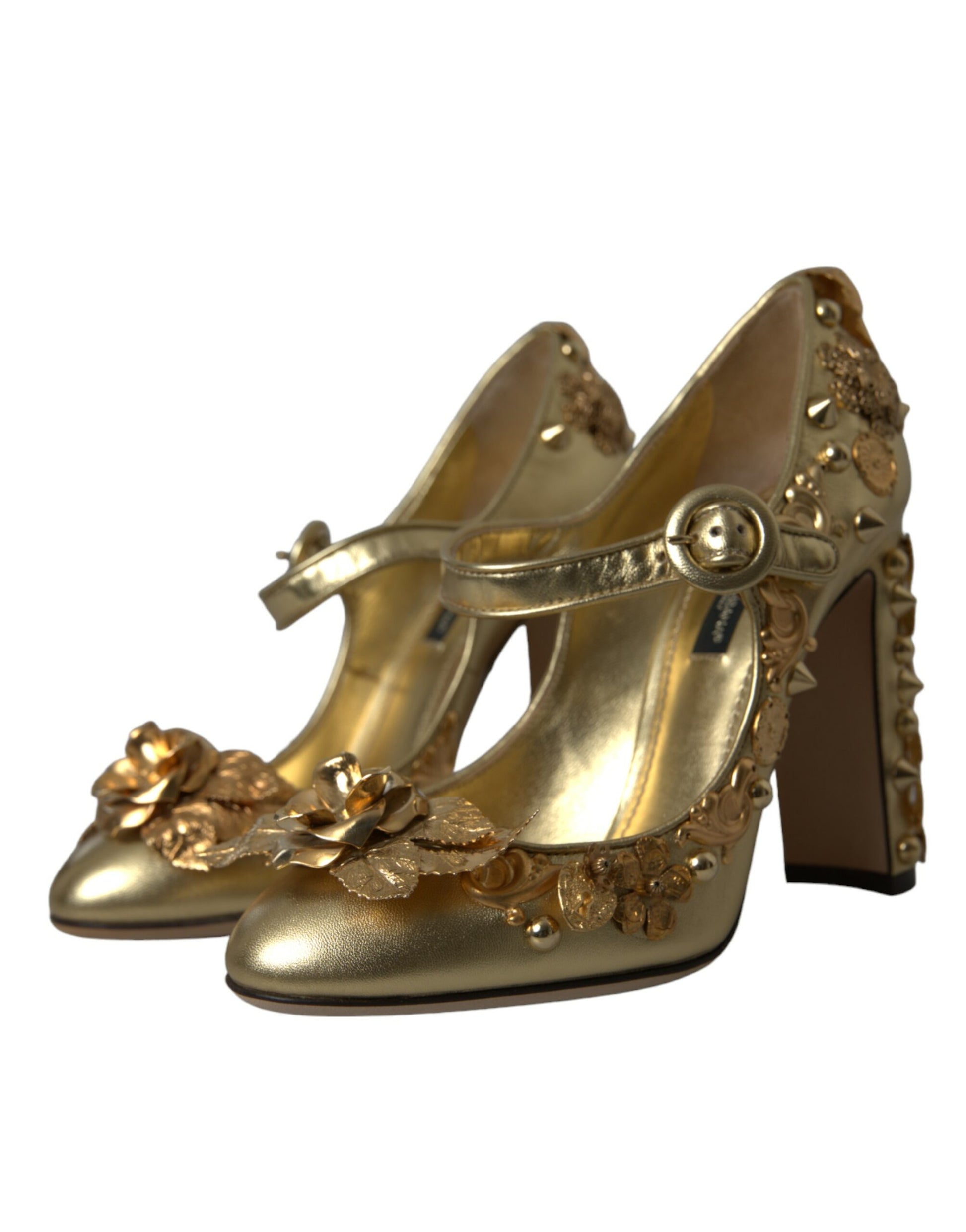 Gold Leather Crystal Mary Janes Pumps Shoes