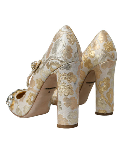 Gold Jacquard Crystal Mary Janes Pumps Shoes