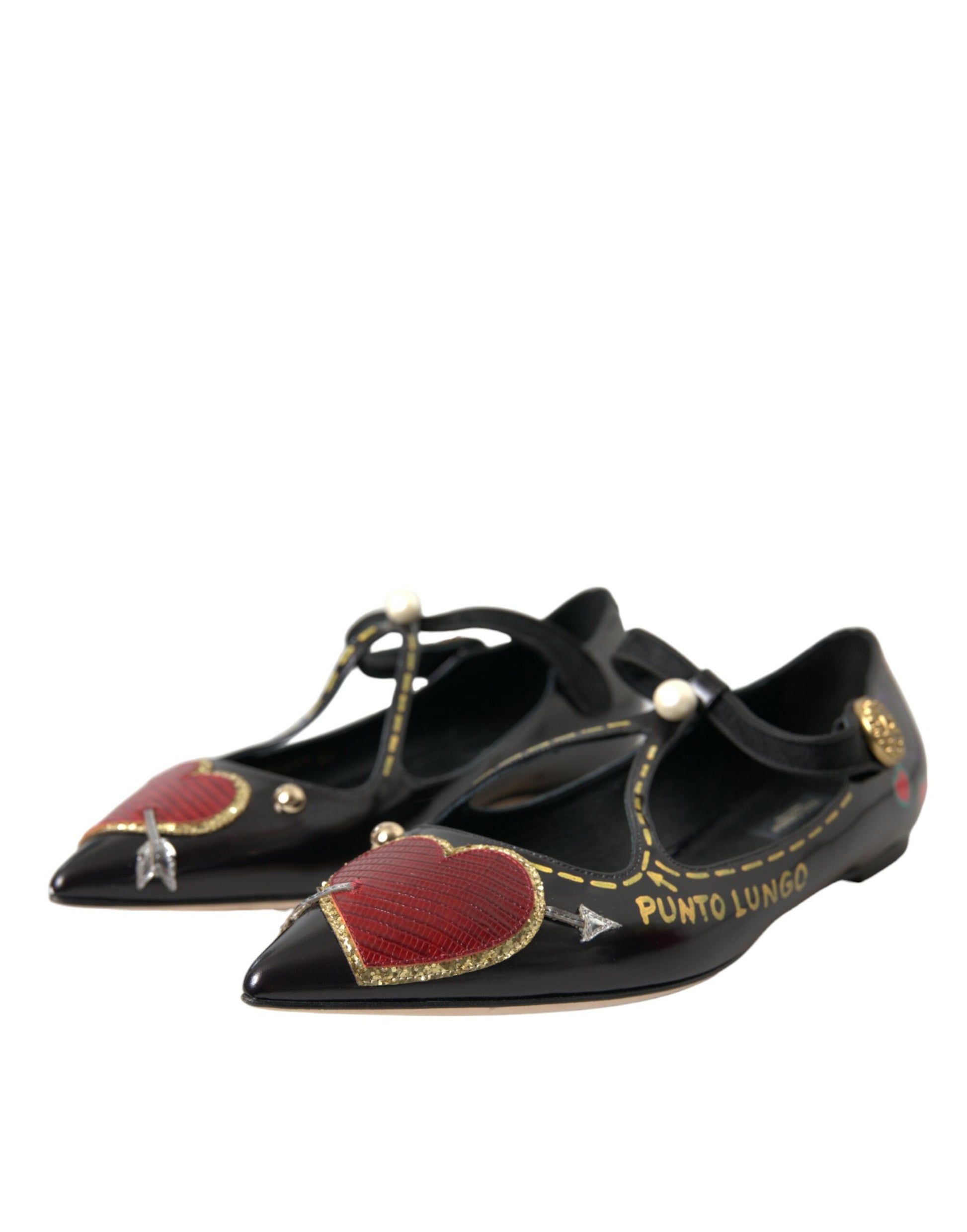 Black Leather Heart Embellished Loafers Shoes