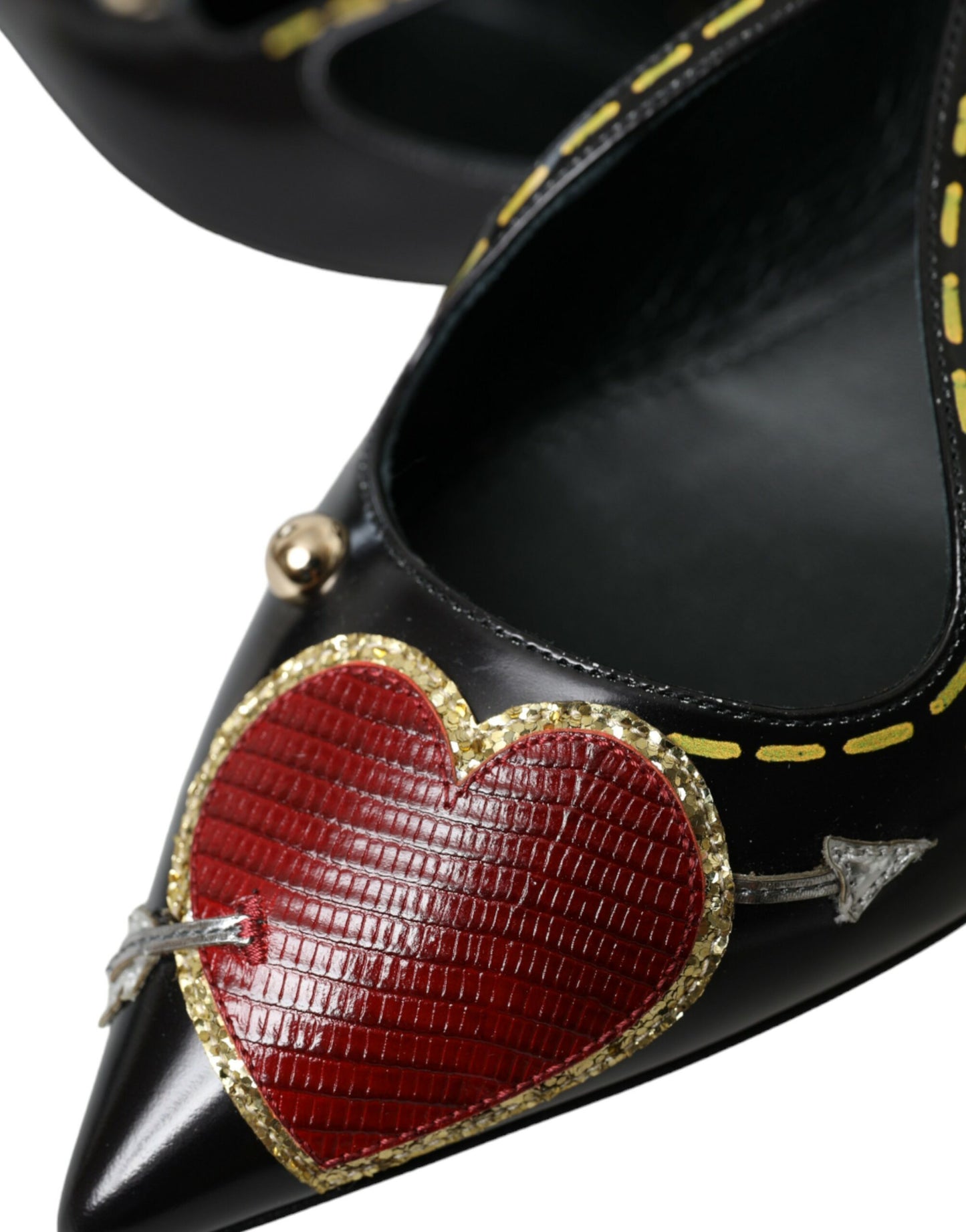 Black Leather Heart Embellished Loafers Shoes