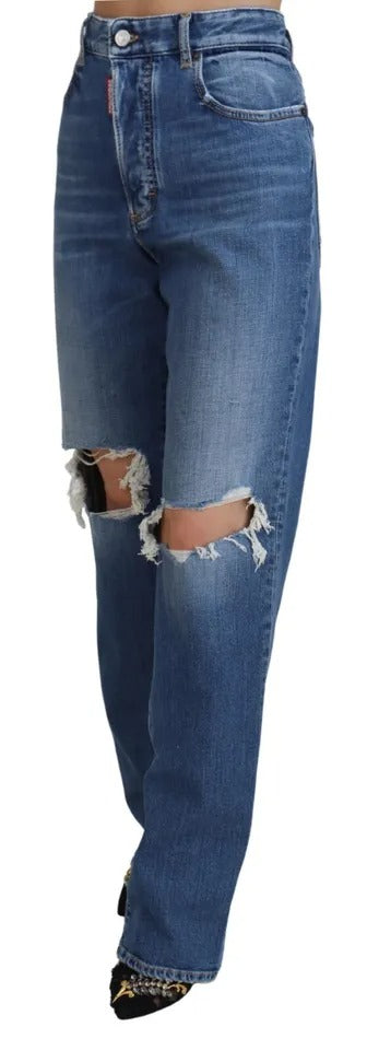 Blue Distressed High Waist Straight Denim Jeans