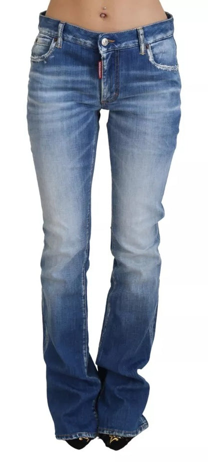 Blue Washed Cotton Mid Waist Flared Denim Jeans