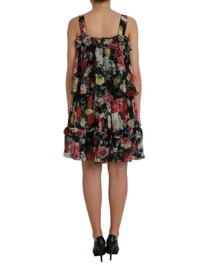 Black Floral Silk A-line Sleeveless Dress