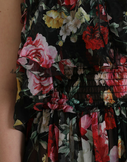 Black Floral Silk A-line Sleeveless Dress