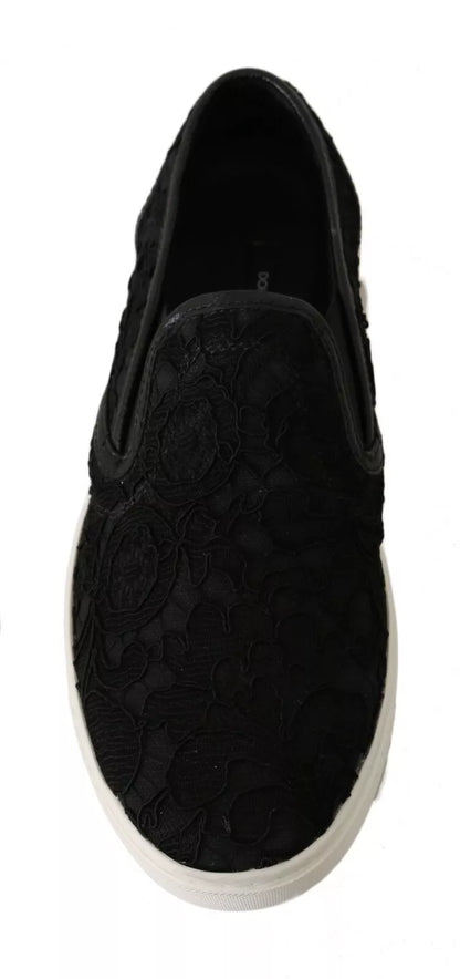 Black Lace Leather Logo Flat Slip-On Sneakers