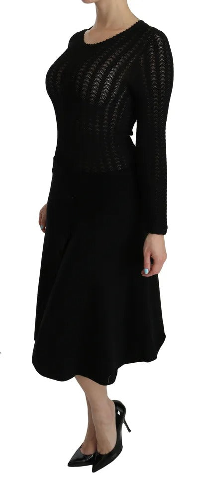 Black Cashmere Long Sleeve Sheath Midi Dress