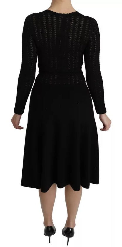 Black Cashmere Long Sleeve Sheath Midi Dress