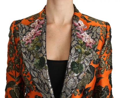 Orange Floral Brocade Coat Blazer Jacket