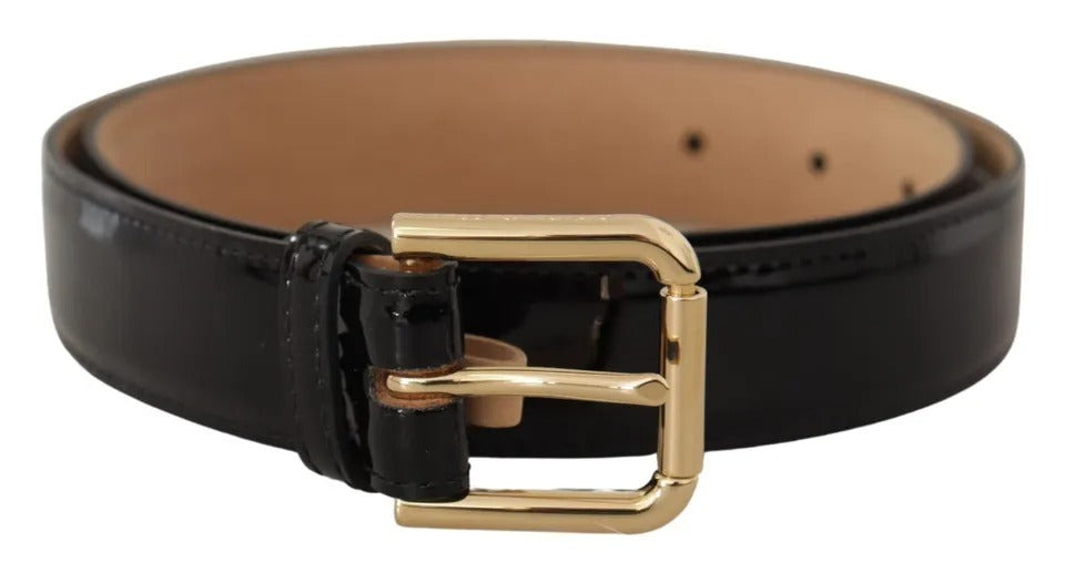 Black Leather Gold Metal Logo Engraved Buckle Belt