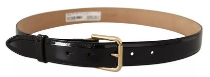 Black Leather Gold Metal Logo Engraved Buckle Belt