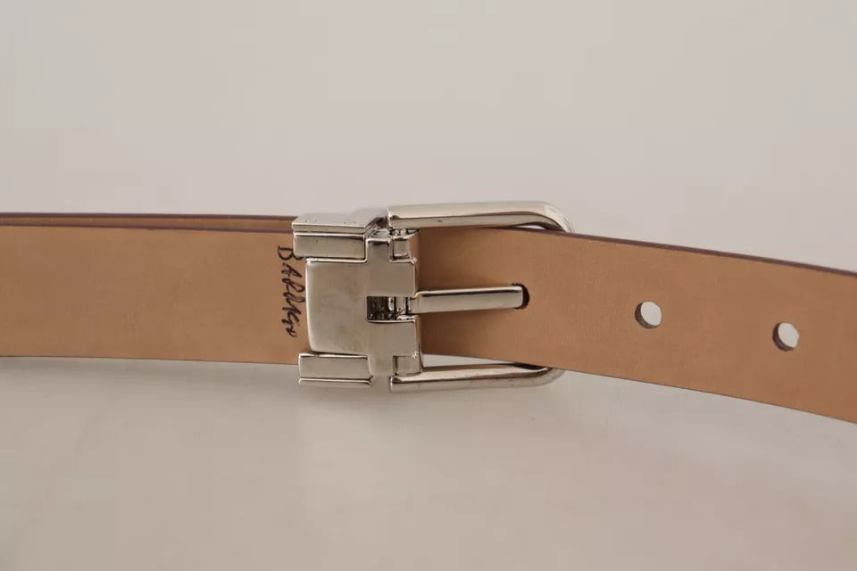 Brown Classic Leather Silver Logo Metal Buckle Belt