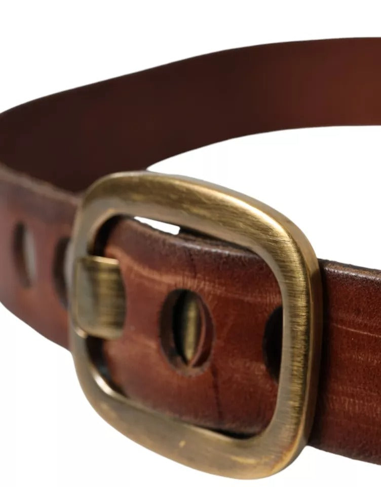 Brown Leather Gold Metal Buckle Women Belt