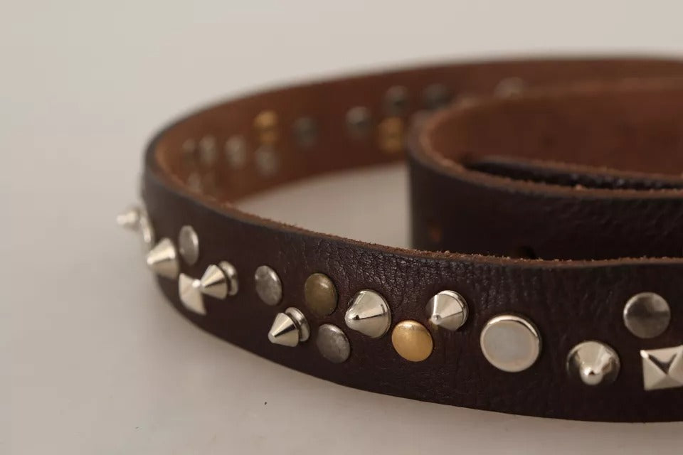 Brown Leather Studded Silver Metal Buckle Belt