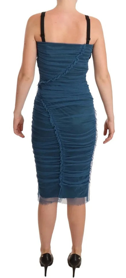 Blue Mesh Trim Ruched Tulle Sheath Dress