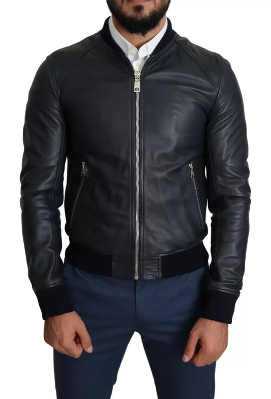 Black Leather Full Zip Men Bomber Jacket