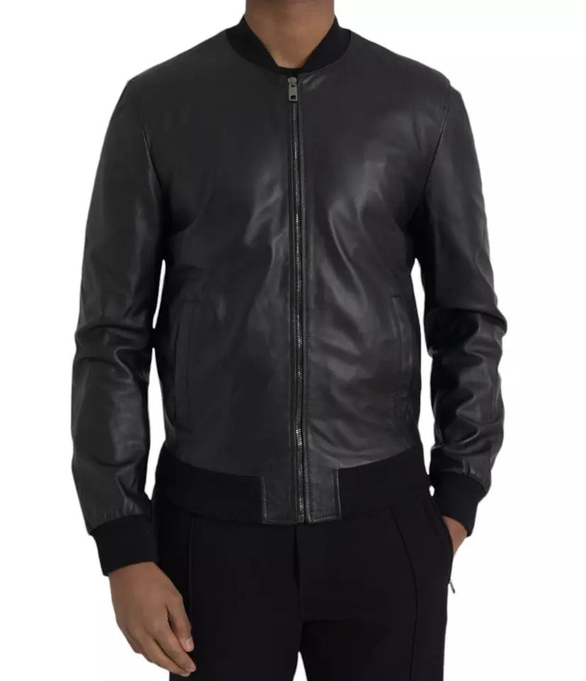 Black Bomber Leather Full Zip Biker Blouson Jacket