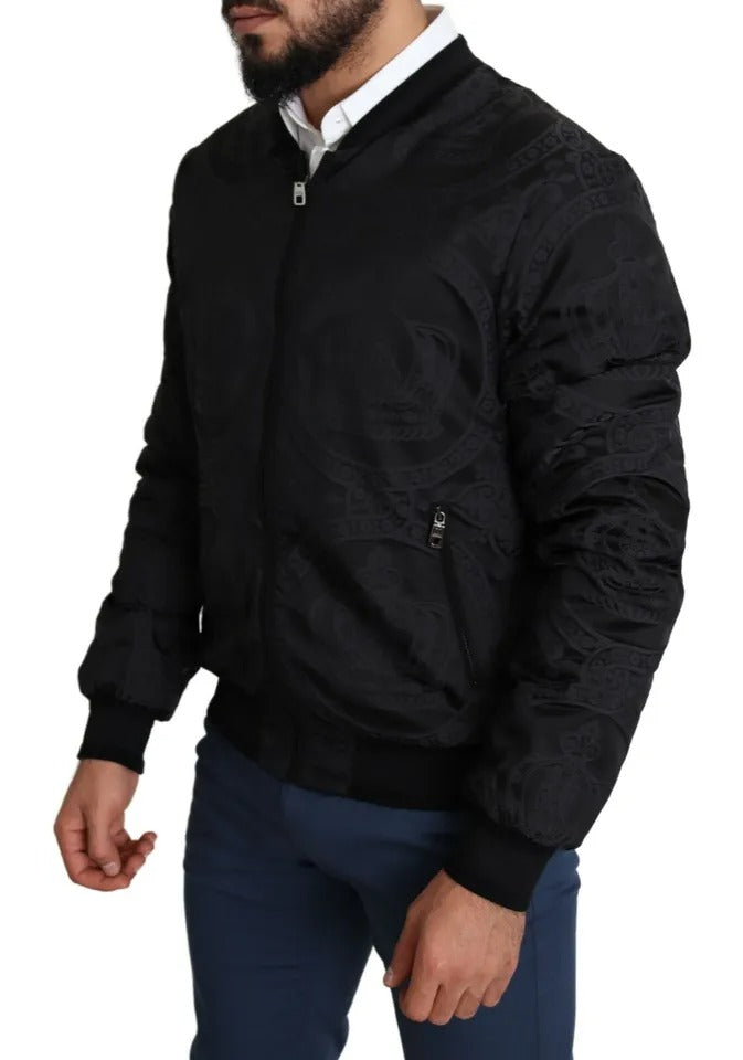 Black Nylon Crown Print Bomber Full Zip Jacket