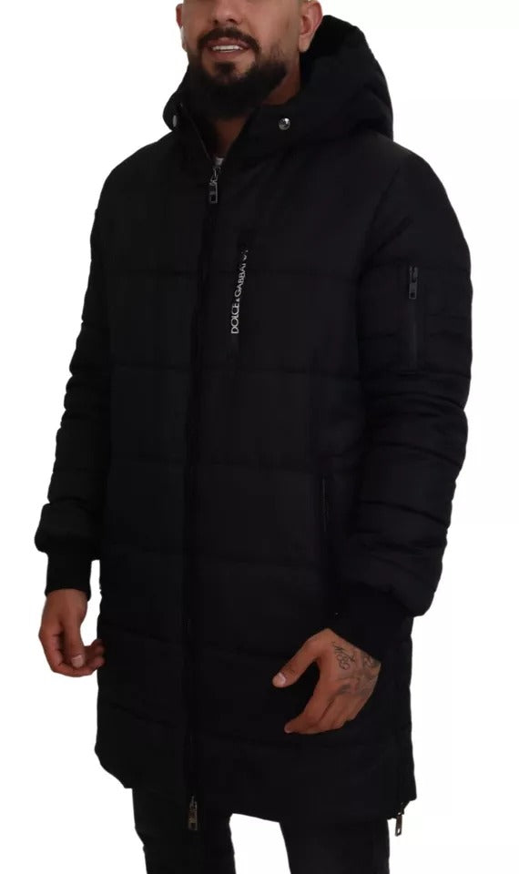 Black Nylon Hooded Parka Coat Winter Jacket