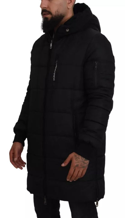 Black Nylon Hooded Parka Coat Winter Jacket