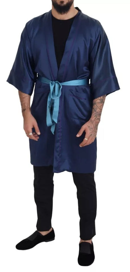 Blue Satin Silk Waist Belt Robe Jacket