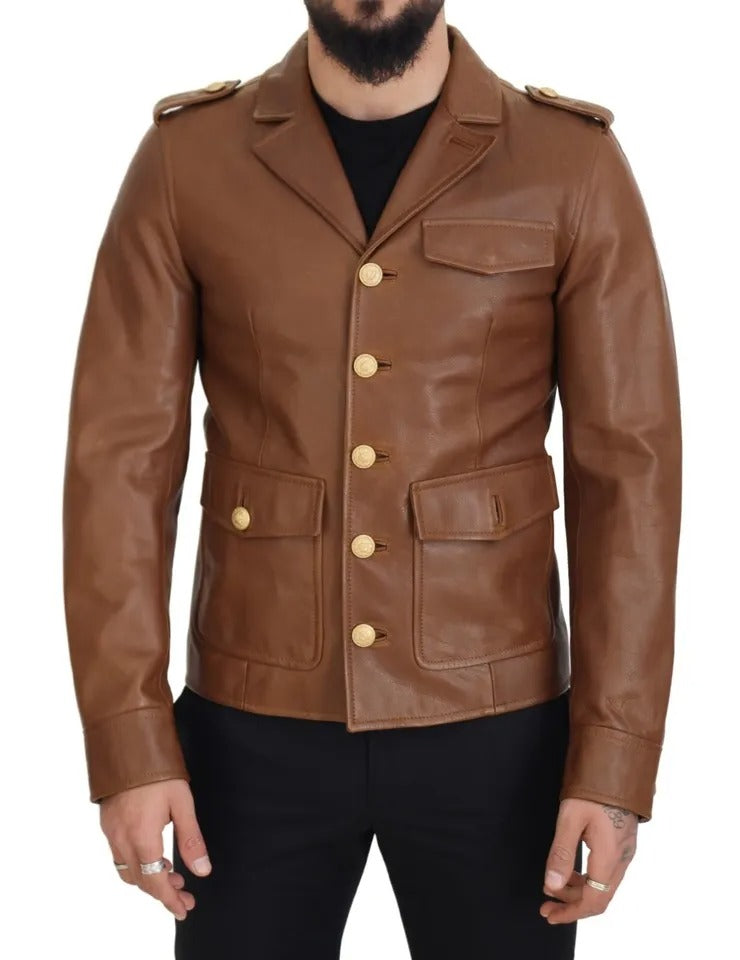 Brown Calfskin Button Down Blouson Jacket